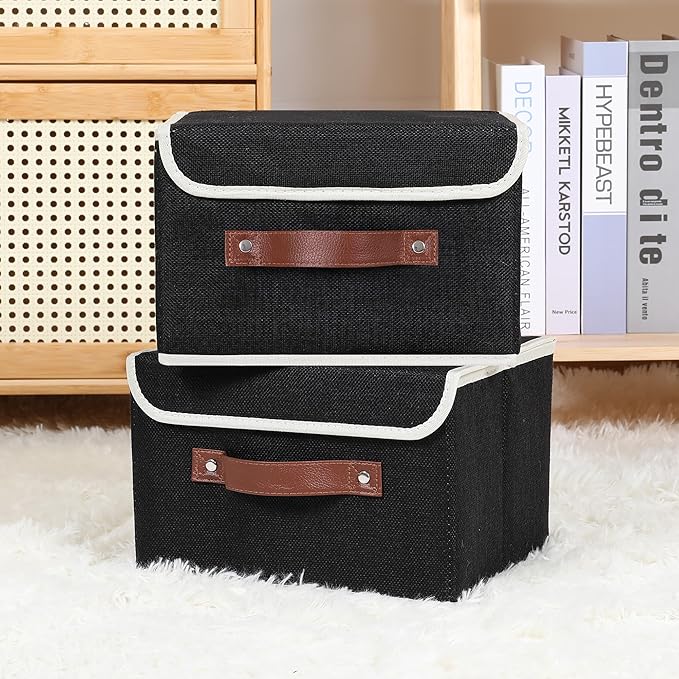ANMINY 2PCS Storage Bins with Lid PU Leather Handles Storage Boxes PP Plastic Board Decorative Foldable Lidded Cotton Linen Fabric Home Cubes Baskets Closet Organizer Containers - Black, Small Size-CubbioJoy