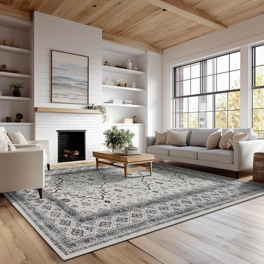 9x12 Area Rug Living Room Rugs, Stain Resistant Washable Rug, Vintage Large Non-Slip Backing, Low Pile Lightweight Print Rug for Bedroom Dinning Room Home Office (White Cream/Gray)-CubbioJoy