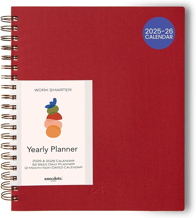 Anecdote 2026 Planner (8.5" x 10") Daily Planner Weekly Monthly Planner - 52 Weeks w/Library Buckram Cover, Brass Spiral - A4 Size Bleed-Resistant Paper – Red-CubbioJoy