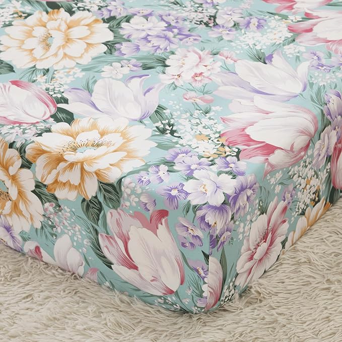 Brandream Crib Bedding Sets for Girls Garden Floral Nursery Set 3-Piece | Ruffled Baby Comforter, Crib Sheet and Tulle Lace Crib Bed Skirt, Green White-CubbioJoy