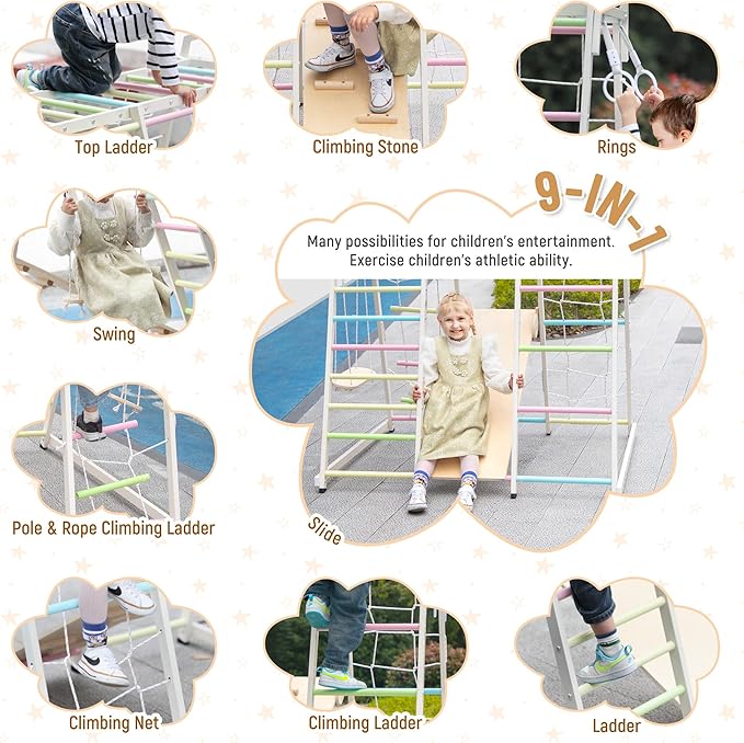 JAXPETY 9-in-1 Indoor Playground, Indoor Jungle Gym for Kids, Toddler Montessori Climbing Gym, Inside Play Gym with Slide, Swing, Monkey Bar, Ladder, Rings-CubbioJoy