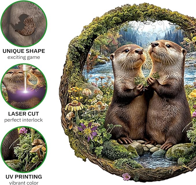 Jigfoxy Wooden Puzzles for Adults, Otter Couple Wood Puzzles Adult, Unique Animal Shape Wooden Jigsaw Puzzles for Adults, Birthday Gifts for Puzzle Lovers Family Friend (M-11 * 11.4in-193pcs)-CubbioJoy