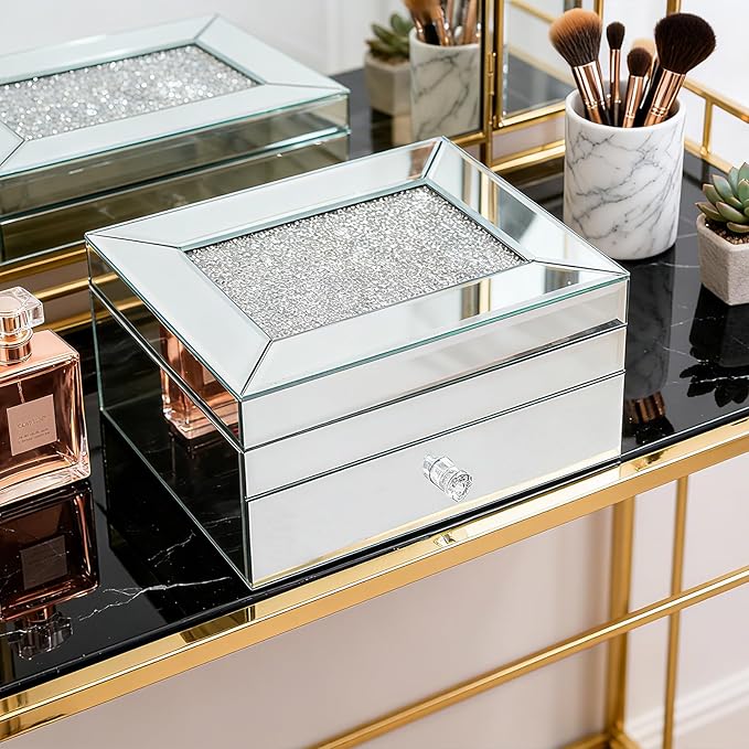 2 Layer Mirror Glass Jewelry Box with Crushed Diamond Decor, Velvet-Lined Trinket Organizer for Rings Earrings Necklaces Bracelets - Elegant Treasure Chest Storage Case for Women Girls-CubbioJoy