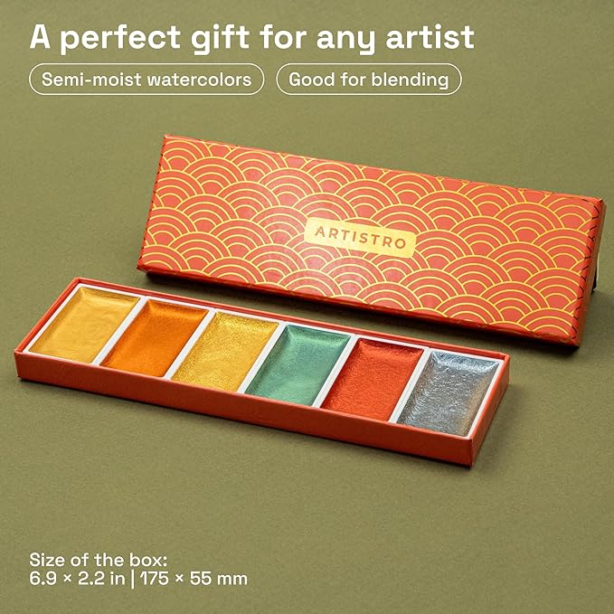 ARTISTRO Professional Metallic Watercolor Paint Set for Adults - 6 Pigment-Rich Metallic Colors, XL Pans, ASTM-I Lightfastness, High Tinting Strength Watercolor Set for Professionals made by professionals-CubbioJoy