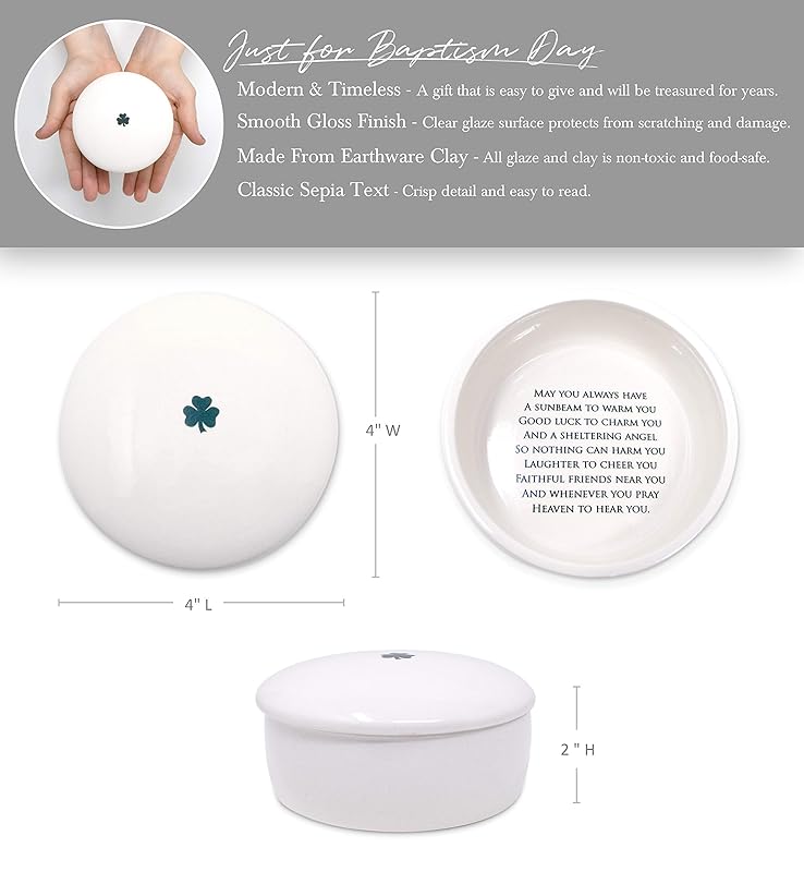 Baptism Gift or First Communion Gift, Ceramic Keepsake Box With Irish Blessing - Round Box with Shamrock in Green for Godchild-CubbioJoy