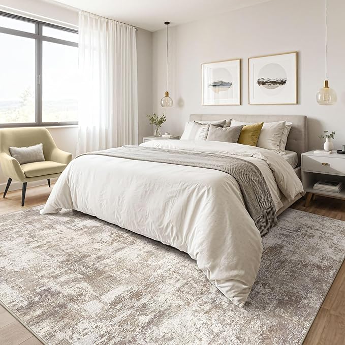 5x7 Area Rugs Living Room: Washable Large Abstract Soft Rug Stain Resistant Indoor Floor Non-Slip Accent Carpet for Women Modern Home Enthusiasts Aged 25-45 - Bedroom Nursery Playroom- Beige Brown-CubbioJoy