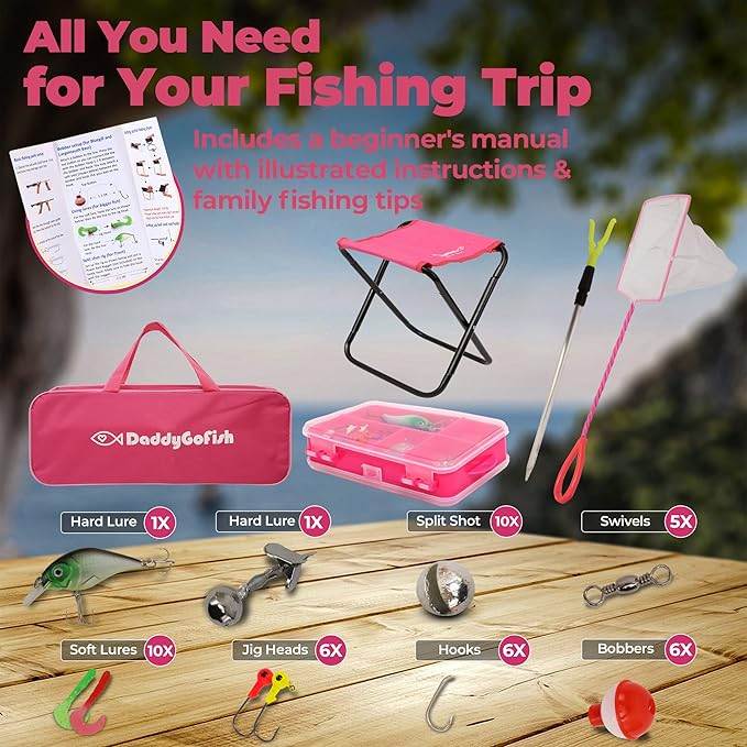 DaddyGoFish Kids Fishing Pole - Rod Reel Combo Tackle Box Starter Set - First Year Small Gear Kit for Boys Girls Toddler Youth Age Beginner Little Children-CubbioJoy