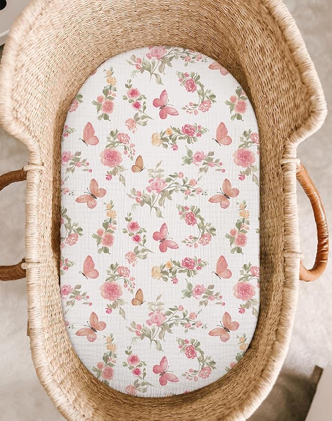 Bassinet Sheet for Baby Boy and Girl 2 Pack, Fitted Sheets for Rectangle, Oval, Hourglass Bassinet Mattress, Muslin Moses Basket Sheets with Neutral Style (Butterfly & Beige)-CubbioJoy