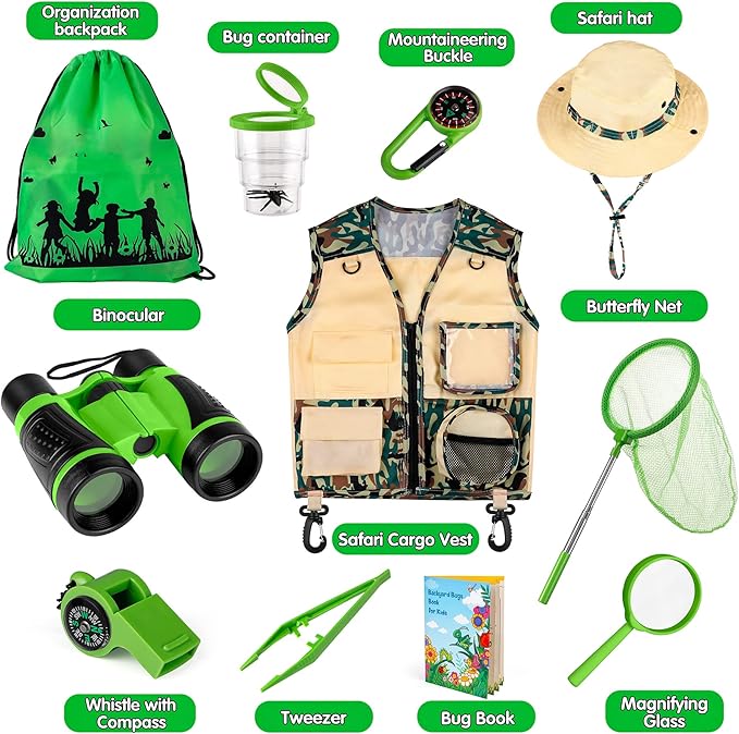 INNOCHEER Kids Explorer Kit & Bug Catcher Kit & Safari Costume Kit, Outdoor Exploration Set with Hat, Vest, Butterfly Net and Bugs Book for Boys Girls 3-12 Years Old (Camouflage Green)-CubbioJoy