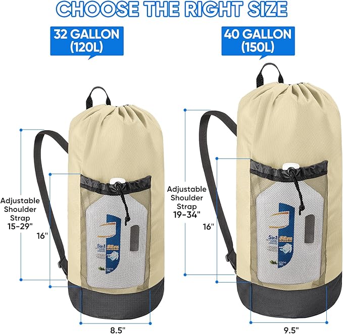 BALEINE 150L Laundry Bag Backpack, 900D Oxford Fabric Large Travel Laundry Bags with Shoulder Straps and 2 Mesh Pockets for College Dorm, Apartment, Laundromat (Beige, 150L)-CubbioJoy