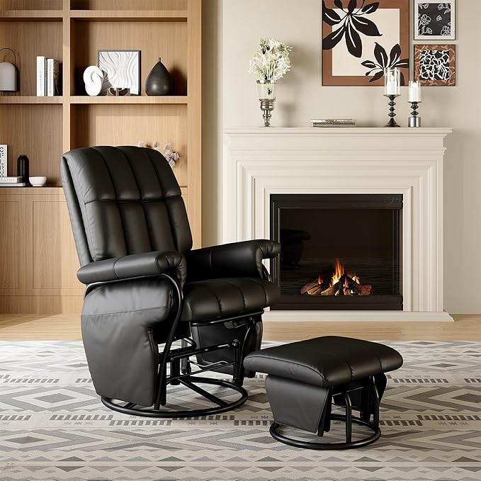 AODAILIHB Swivel Glider Recliner with Ottoman, 360 Rocking Chair with Foot Rest Recliner Chair Indoor Rocking Chair with Side Pockets Nursery Chairs for Living Room, Bedroom, Office (Black)-CubbioJoy