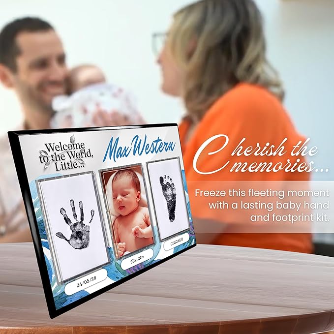 Baby Hand and Footprint Kit with Photo & Birth Details, Inkless Hand and Footprint Kit, Newborn Keepsake Plaque, Baby Shower Gifts (STYLE 1 (Fully Personalized) (Welcome To The World - Baby Boy))-CubbioJoy