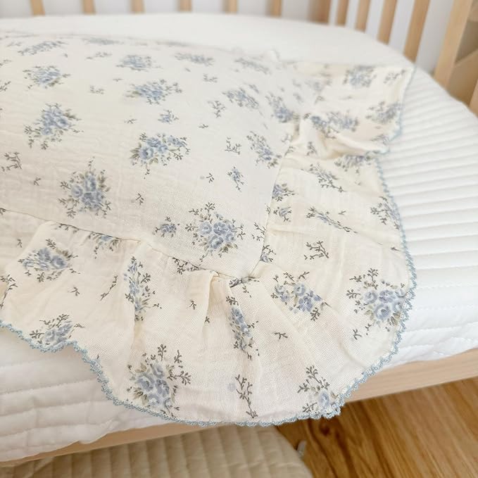 BuLuTu Cotton Muslin Toddler Pillowcases with Blue Flowers Print Soft Breathable Gauze Small Pillow Case for Toddler Boys Girls Nursery Decor, Shower Gift, 14"x20", 1 pc-CubbioJoy