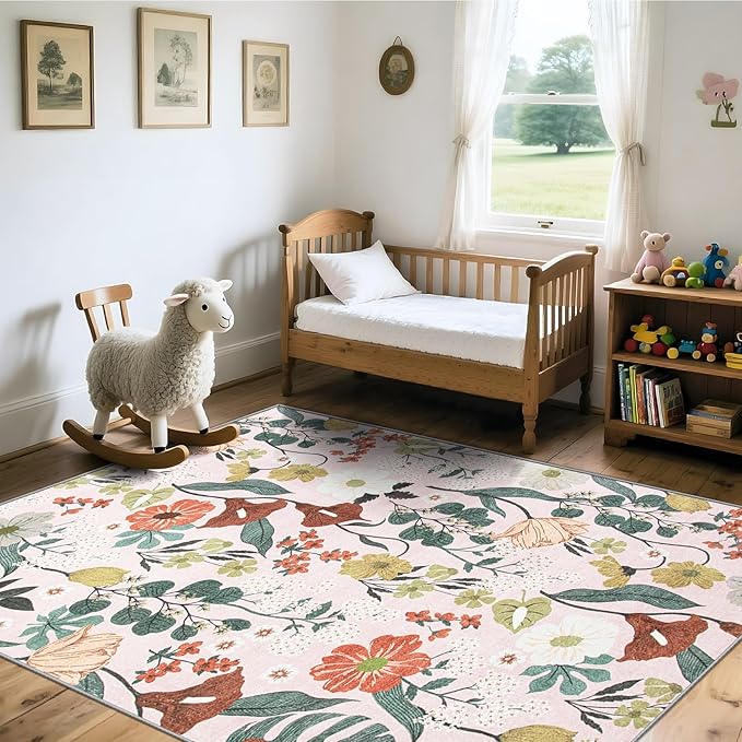 Area Rug Living Room Rugs: 6x9 Washable Rug Vintage Floral Soft Boho Non Slip Carpet Indoor Floor Non Shedding Low Pile Thin Carpets for Bedroom Dining Room Farmhouse Nursery Home Office Light Pink-CubbioJoy