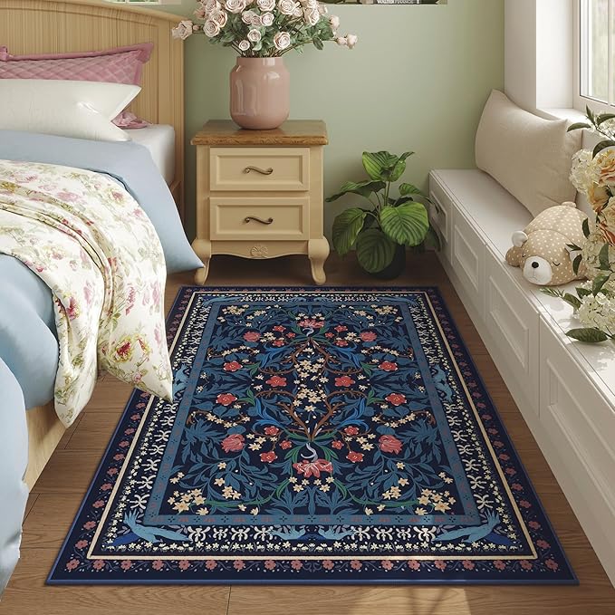 Bedroom Rug 3x5 Rug Washable Area Rug Non Slip Low Pile Vintage Floral Botanical Small Carpet for Bedroom, Bedside, Kitchen, Entryway, Kids Room, Office, Blue-CubbioJoy