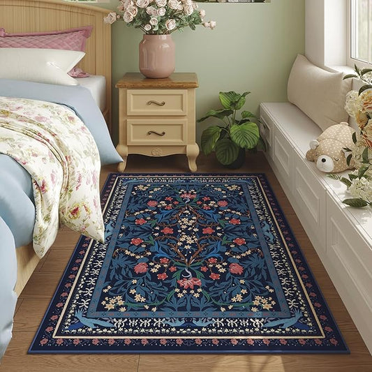 Bedroom Rug 3x5 Rug Washable Area Rug Non Slip Low Pile Vintage Floral Botanical Small Carpet for Bedroom, Bedside, Kitchen, Entryway, Kids Room, Office, Blue-CubbioJoy