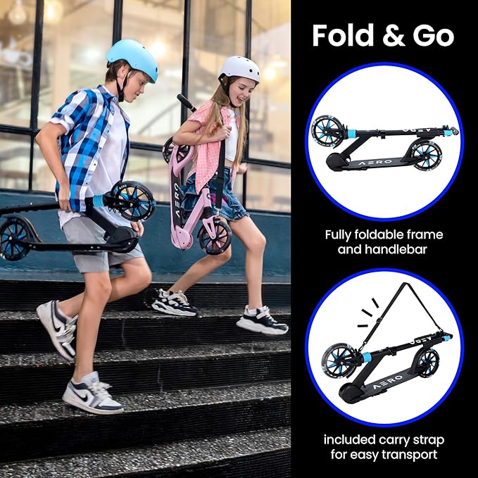 Aero Big Wheels Kick Scooter for Kids 6+, Teens & Adults | Light Up Wheels, Hand Brake, Rubber Deck Mat & Shock Absorption | Foldable & Height Adjustable-CubbioJoy