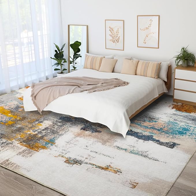 Kelarea Living Room Rug, 5x7 Rug Modern Abstract Washable Rugs Grey Faux Wool Vintage Carpets, Non Slip Rug for Bedroom, Dining Room, College Dorm, Kids Playroom, Home Office-CubbioJoy