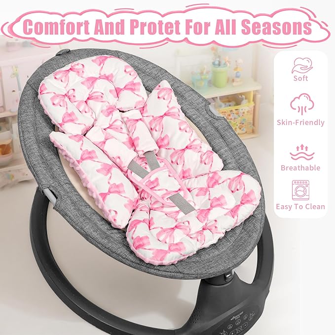 Infant Car Seat Insert, Soft Baby Car Seat Head & Body Support for Girl Boy, Reversible Newborn Preemie Carseat Insert Cushion with 3 Straps Pads, Fits Car Seat, Stroller, Swing, Bouncer, Pink Bow-CubbioJoy