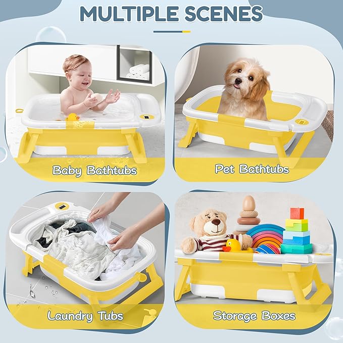 Collapsible Baby Bathtub,Baby Bath Tub with Thermometer & Soft Cushion,Baby Bathtub for Newborn to Toddler 0-36 Months,Portable Travel Baby Tub with No-Slip Feet,Baby Shower Gifts,Yellow-CubbioJoy