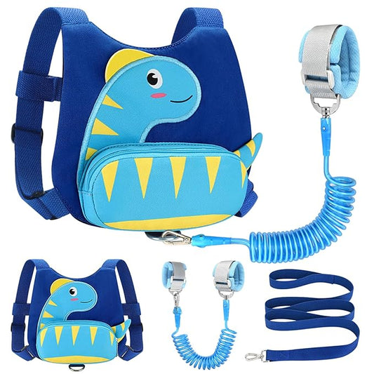 Accmor Toddler Harness with Leash, Cute Dinosaur Kids Harness + Anti Lost Wrist Link, Mini Child Harness Leash Wristband Strap Belt Protector for Baby Boys Girls to Outdoor Travel (Blue)-CubbioJoy