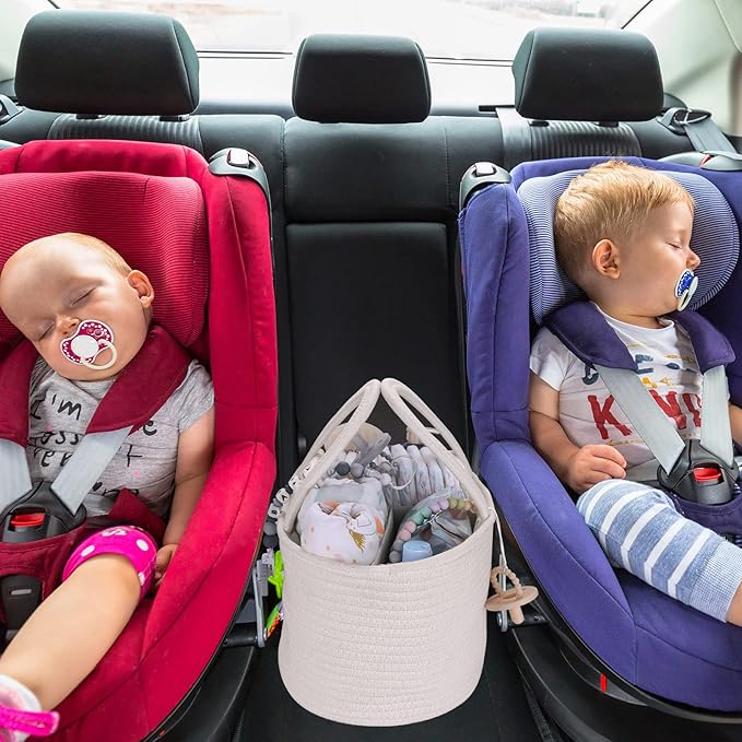 Baby Diaper Caddy Organizer for Girl Boy Cotton Rope Nursery Storage Bin Basket Portable Holder Tote Bag for Changing Table Car Travel Baby Shower Gifts Newborn Essentials Registry Must Haves White-CubbioJoy