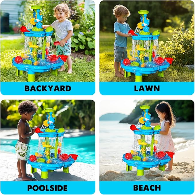 CozyBomB™ Water Table for Toddlers 3-5 | Outdoor Toys Water Play Table, Magnetic Fishing Toy Game, Summer Splash Pond Showers Sand Activity, Sensory Party Birthday Gift Kids Ages 4-8 9-12 (2-Tiers)-CubbioJoy