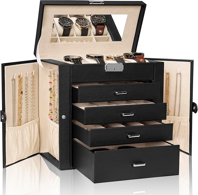 AKOZLIN 5-Tier Jewelry Box Lockable Leather Jewelry Storage Case with 4 Drawers for Women Girls Ring Necklace Earring Bracelet Watches Holder Organizer with Mirror-CubbioJoy