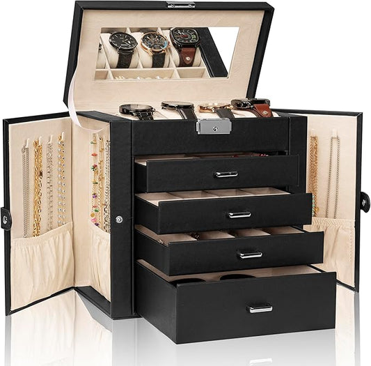 AKOZLIN 5-Tier Jewelry Box Lockable Leather Jewelry Storage Case with 4 Drawers for Women Girls Ring Necklace Earring Bracelet Watches Holder Organizer with Mirror-CubbioJoy
