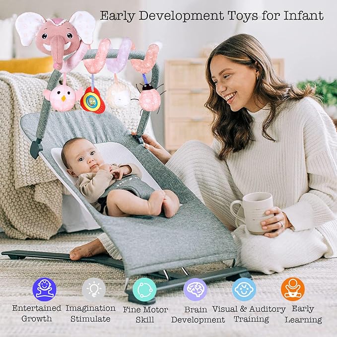 Car Seat Toys, Baby Stroller Toys Infant Spiral Hanging Toys for Crib Bar Bassinet Stroller Car Seat Mobile, Early Development Toys for Newborn Baby Girls 0 3 6 12 Months -Pink Elephant-CubbioJoy