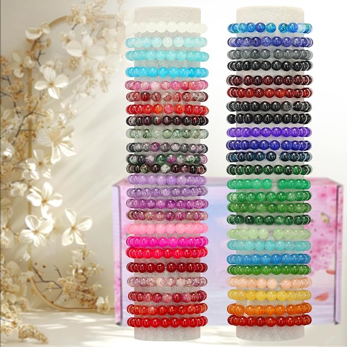 JULIMAIDONG 8mm Glass Beads for Bracelets 2100pcs, 48 Colors Round Crystal Glass Bracelet Making Kit for Jewelry Making Kits Bead DIY Crafts with Spacer Charms Accessories (48Color(Solid+Printing)-CubbioJoy