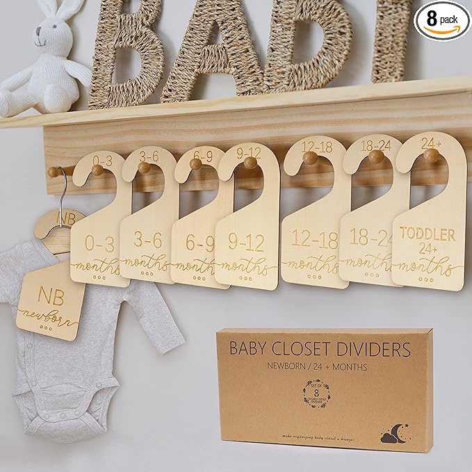 Baby Closet Dividers for Clothes Organizer - Set of 8 Beautiful Wooden Double-Sided Baby Clothes Size Organizer from Newborn to 24 Months for Nursery Decor-CubbioJoy