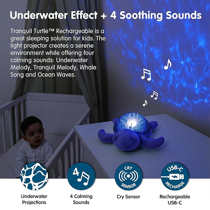Cloud b Ocean Projector Nightlight with 2 White Noises & 2 Soothing Sounds | Adjustable Settings | Cry Sensor | Tranquil Turtle - Ocean (Rechargeable)-CubbioJoy