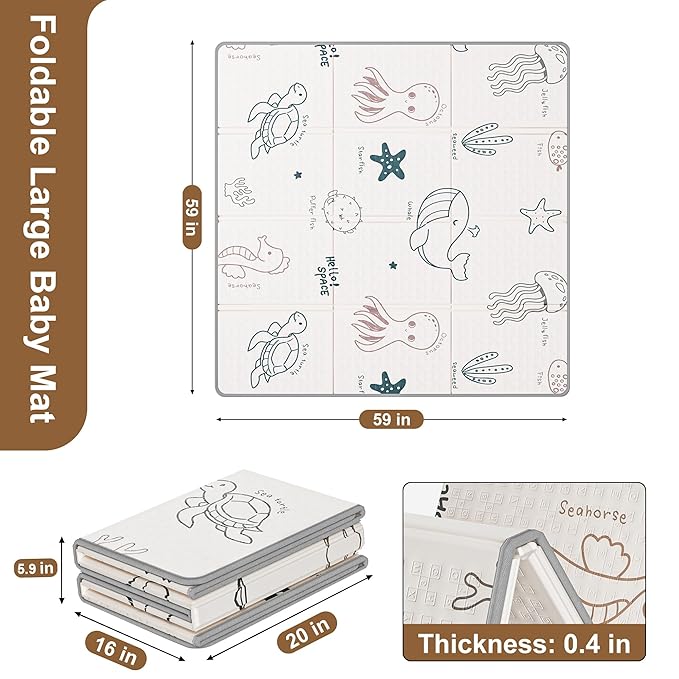 59x59 Baby Play Mat, Foldable Baby Mat for Floor Tummy Time and Crawling Mat, Waterproof & Anti-Slip Reversible Portable Play Mat for Toddler Infant-CubbioJoy