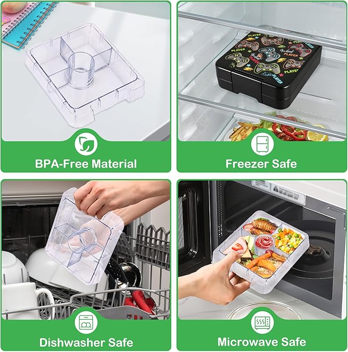 Bento Lunch Box Set With 10oz Soup Thermo, Leak-proof Lunch Containers with 4 Compartment, Kids Hot Thermo Food Jar/Insulation Lunch Bag, Food Containers for School (Black-Games)-CubbioJoy