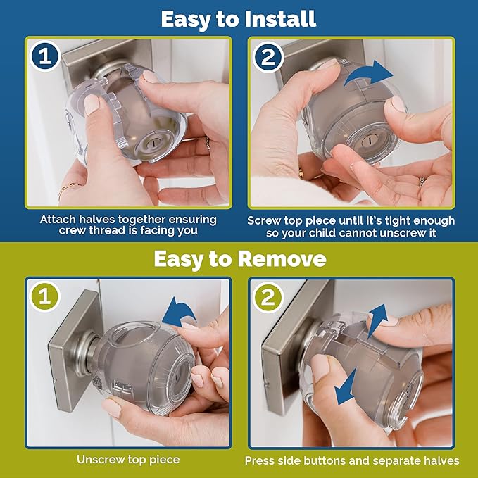 Child Safety Door Knob Cover (4 Pack) Hard-to-Remove Dual-Lock Door Handle Covers for Kids - Reusable Baby Proof Door Knob Locks - Installs Easily, No Tools Needed (Clear)-CubbioJoy