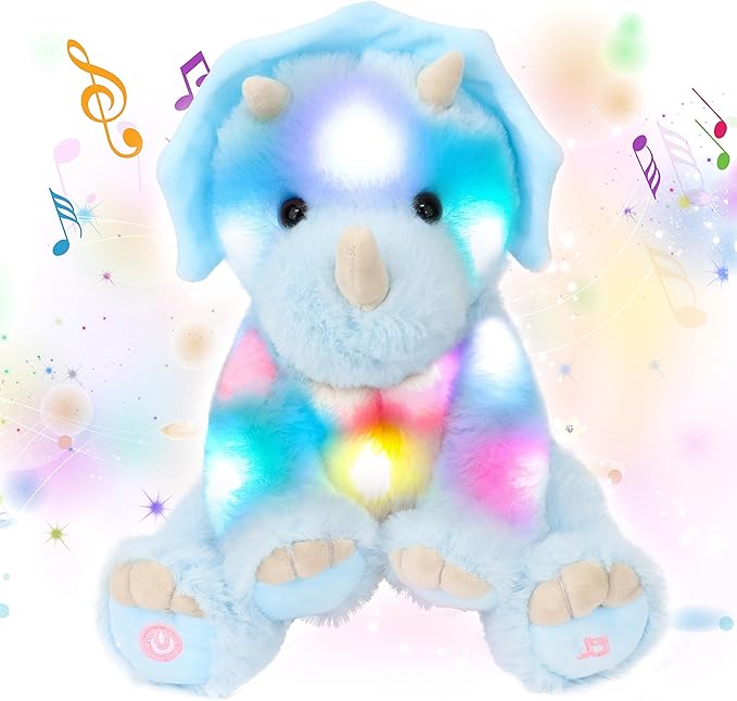 Cuteoy Light-up Singing Plush Blue Triceratops LED Musical Stuffed Animal Dinosaur Adjustable Volume Lullaby Plushies Birthday Christmas Toy Gifts for Kids Toddler Girls, 13"-CubbioJoy