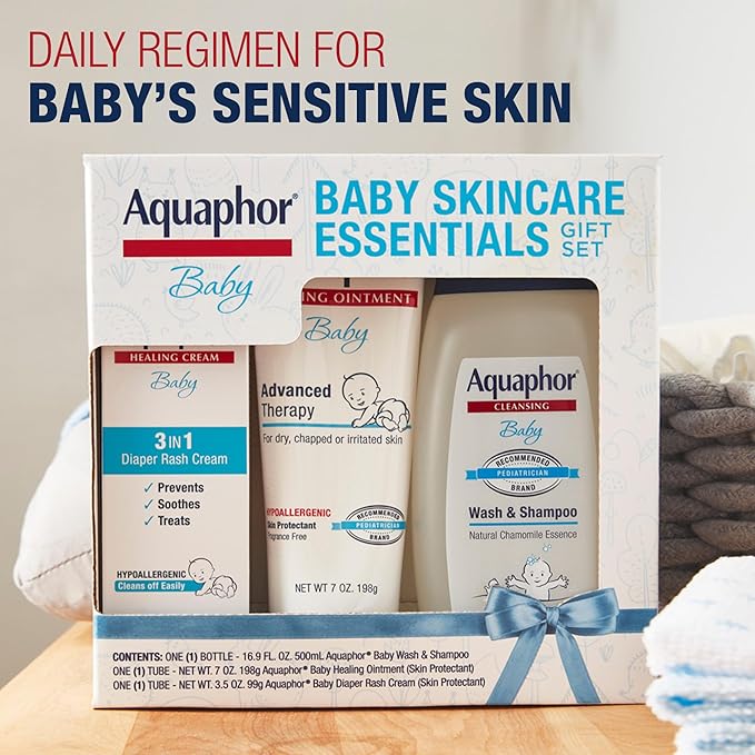 Aquaphor Baby Skin Care Essentials Gift Set with Baby Wash and Shampoo (16.9 Fl Oz) + Healing Ointment for Chapped Skin and Drool Rash (7Oz) + Diaper Rash Cream (3.5Oz), Hypoallergenic-CubbioJoy