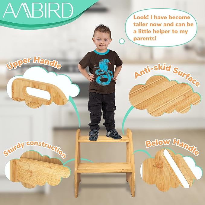 AMBIRD Wooden Step Stool, 15.75'' H Potty Training Toddler 300 lbs Capacity with Safety Non-Slip Pads and Handles, Kitchen Step Stools for Kids, Bamboo Step Stool for Bathroom, High Beds (Natural)-CubbioJoy