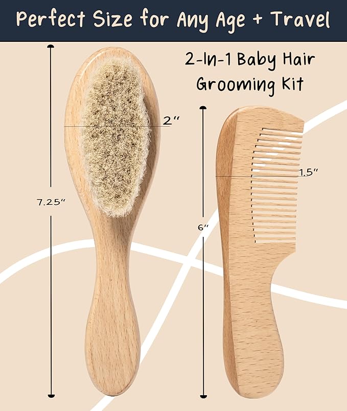 Baby Hair Brush & Comb Set, Wood Hair Brush with Soft Goat Bristles and Comb, Newborn Infant & Toddler for Cradle Cap-CubbioJoy