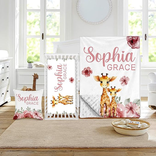 Custom Crib Bedding Set - Giraffe Design Personalized Name Baby Nursery Bed 3 Pcs Set - Chic Soft Blanket with Dotted Backing, Sheet, Pillowcase for Newborn Girls Boys Gifts Color20-CubbioJoy