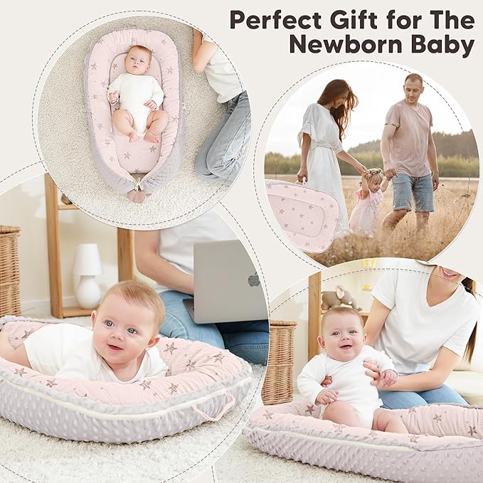 Baby Lounger - Infant Lounger Pillow for Newborn 0-24 Months, Soft, Breathable & Portable Baby Lounger Pillow for Boys & Girls, Cozy Baby Floor Seat for Home & Travel (Pink Star)-CubbioJoy