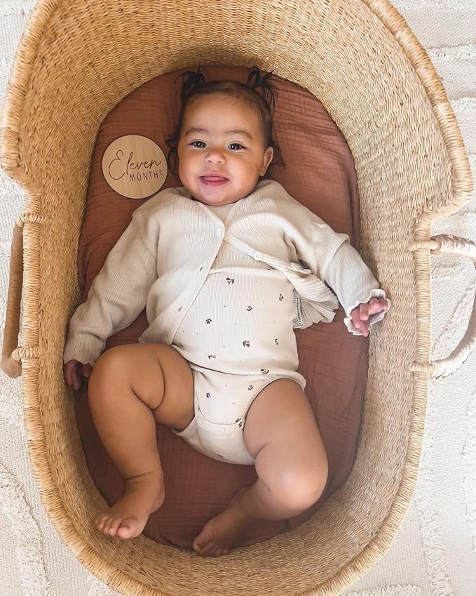 Bassinet Sheet for Baby Boy and Girl 2 Pack, Fitted Sheets for Rectangle, Oval, Hourglass Bassinet Mattress, Muslin Moses Basket Sheets with Neutral Style (Beige & Cream)-CubbioJoy