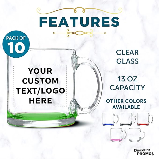Custom Libbey Clear Glass Coffee Mugs 13 oz. Set of 10, Personalized Bulk Pack - Perfect for Coffee, Tea, Espresso, Hot Cocoa, Other Beverages - Green Bottom-CubbioJoy