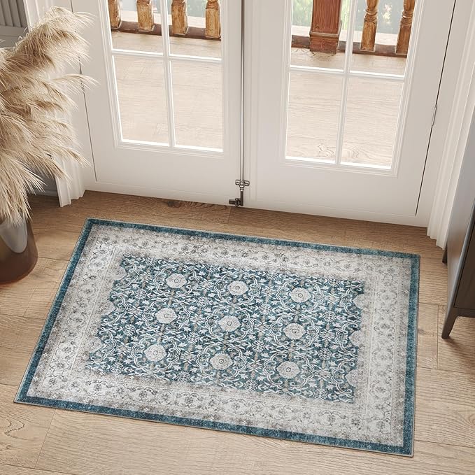 jinchan Floral 2x3 Rugs for Entryway - Machine Washable Dark Blue Vintage Distressed Boho Design Soft Faux Wool Small Non-Slip Doormat for Entrance Kitchen Living Room Bedroom (2‘x3',Dark Blue)-CubbioJoy