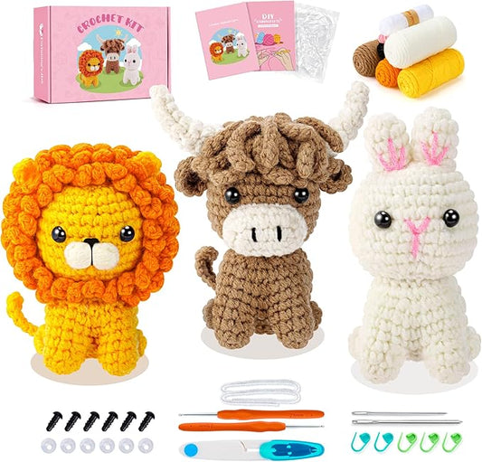 Crochet Kit for Beginners, Amigurumi Crochet Animal Kits, Crocheting Kit for Starters Adult Kids with Step-by-Step Video Tutorials, Animal Kits with Highland Cow, Lion, Bunny-CubbioJoy