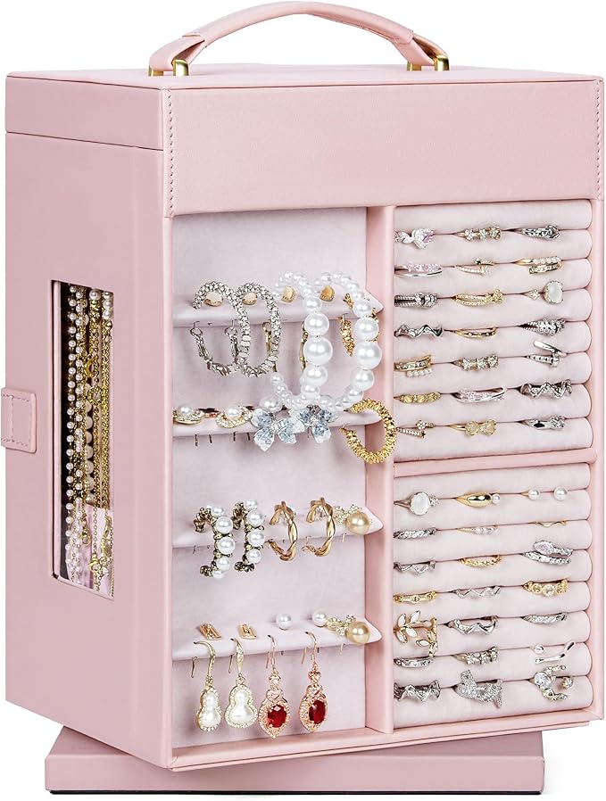 AKOZLIN 360° Rotating Jewelry Box 6-Tier Organizer Functional Jewelry Storage Case for Women Girls Ring Necklace Earring Bracelet Holder with Mirror Pink-CubbioJoy
