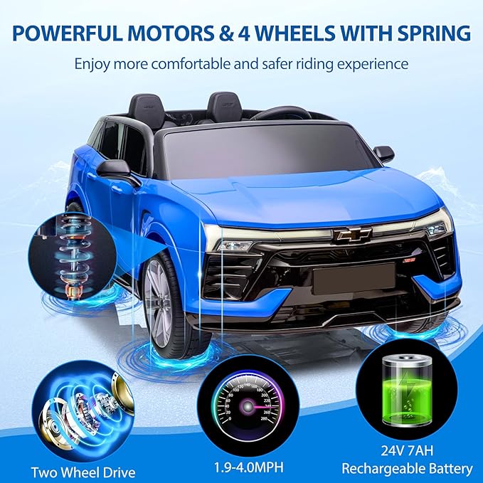 Jojoka Baby Car 24V 2-Seater SUV Licensed Chevrolet Blazer Ride On Toy w/Parent Remote Control,4xSpring Suspension, Wireless Music, Electric Vehicle Car for Kids Ages 3-8,Blue-CubbioJoy
