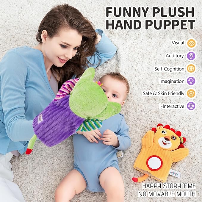 Jollybaby Hand Puppets Baby Toy 0-6-12 Months, Plush Stuffed Animal Hand Puppets Toys for Kids，Sensory Doll with Rattle and Mirror for Toddler，Social Emotional Play Therapy Toys for Boy Girl Gift-CubbioJoy