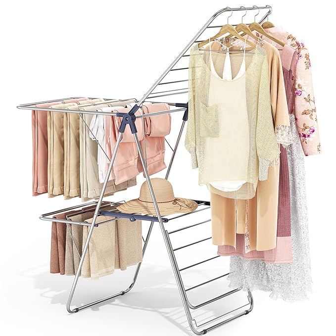 APEXCHASER Clothes Drying Rack with 4 Wings, Stainless Steel Drying Rack Clothing with Height-Adjustable, Foldable Gullwings Laundry Drying Rack, Indoor Outdoor Use, No Assembly, Blue-CubbioJoy